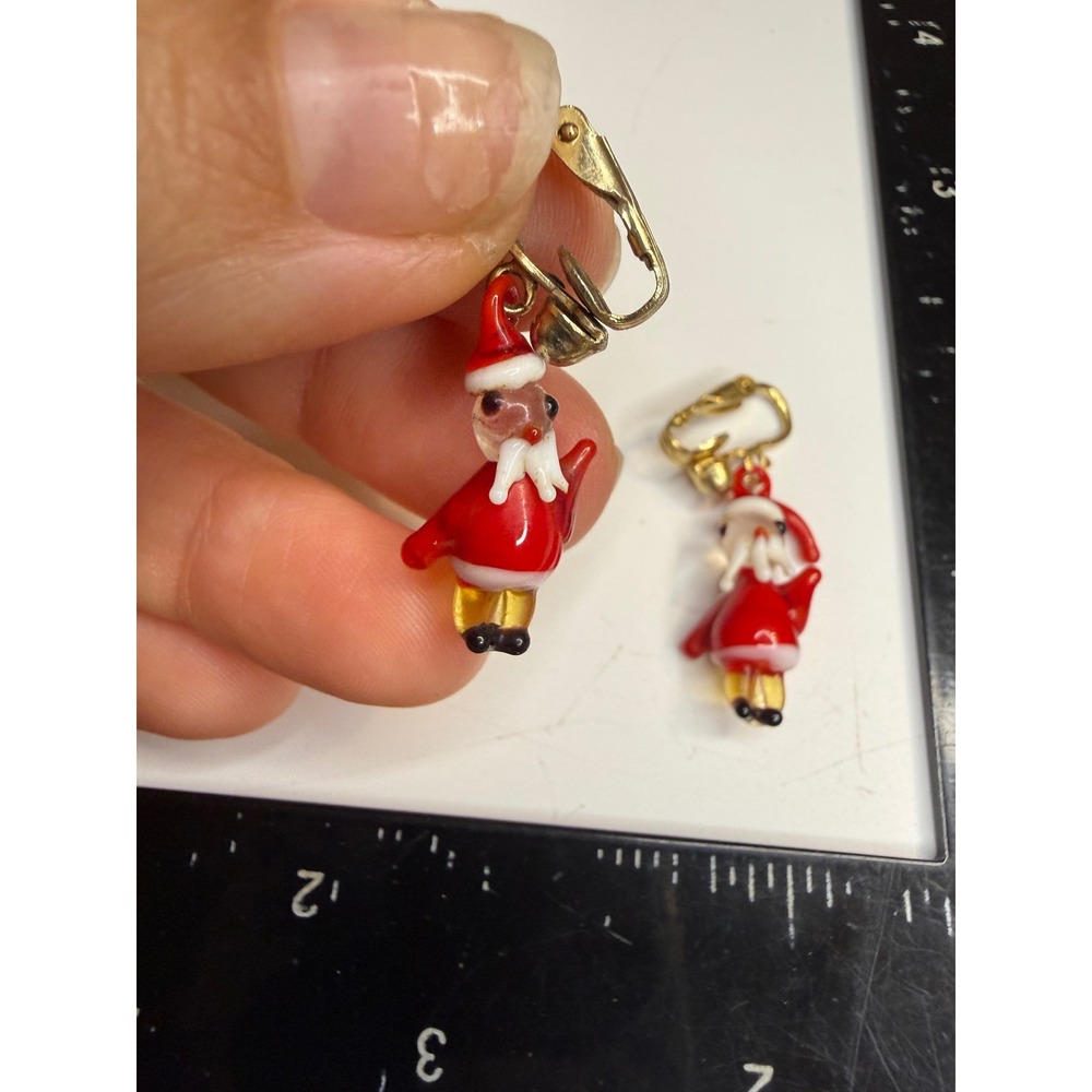 Vintage Lampwork Glass Santa Claus Clip On Earrings Red White Christmas Holiday